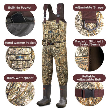 Trudave waders sealed seams highlight waterproof performance for wetland fishing.