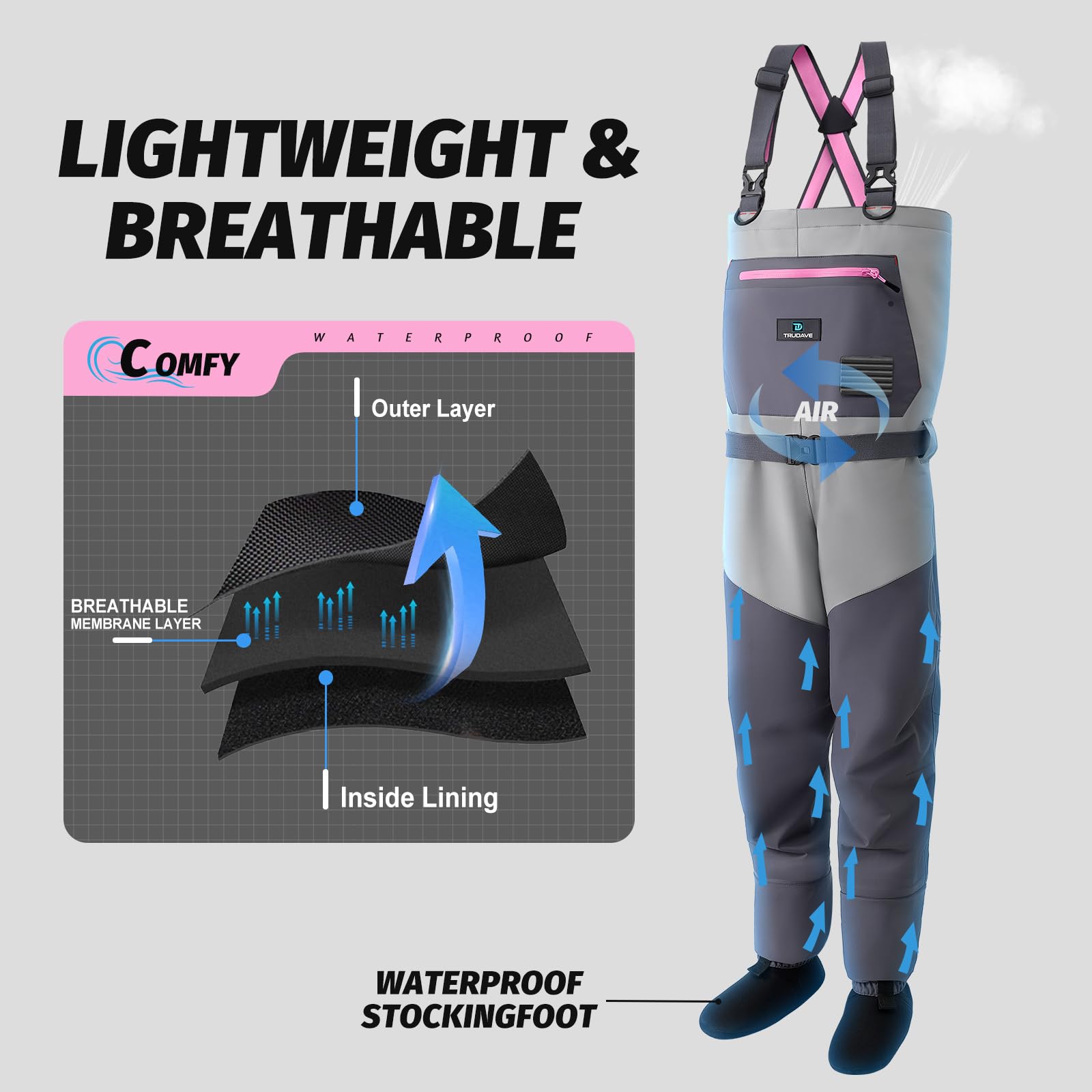 Trudave waders feature adjustable suspenders for a customizable, comfortable fit