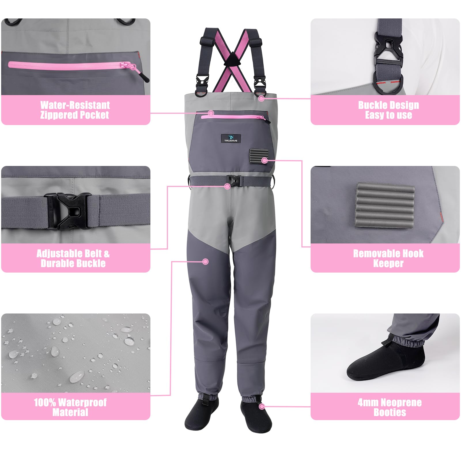 Trudave waders display a wide waistband with quick-release buckles for secure wearing