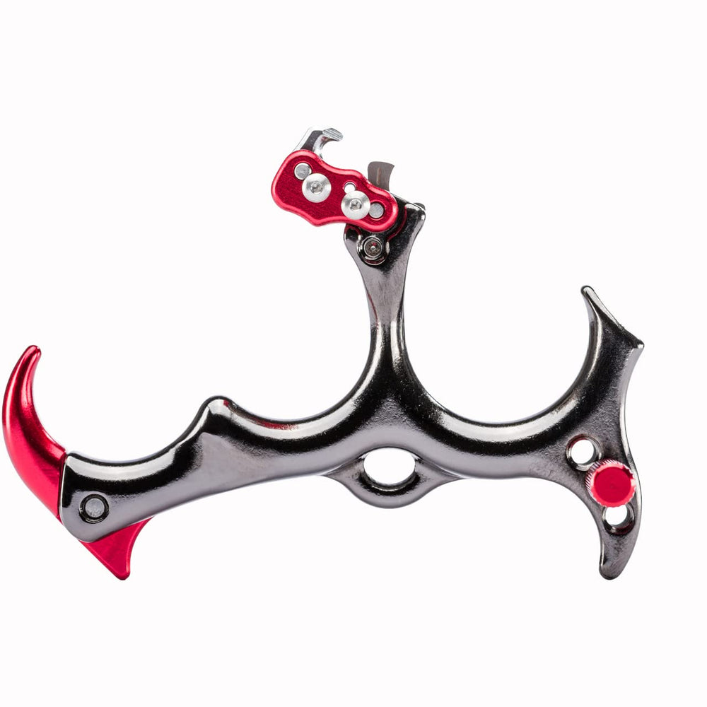 Tru-Fire Sear release in red handheld grip for repeatable archery accuracy.