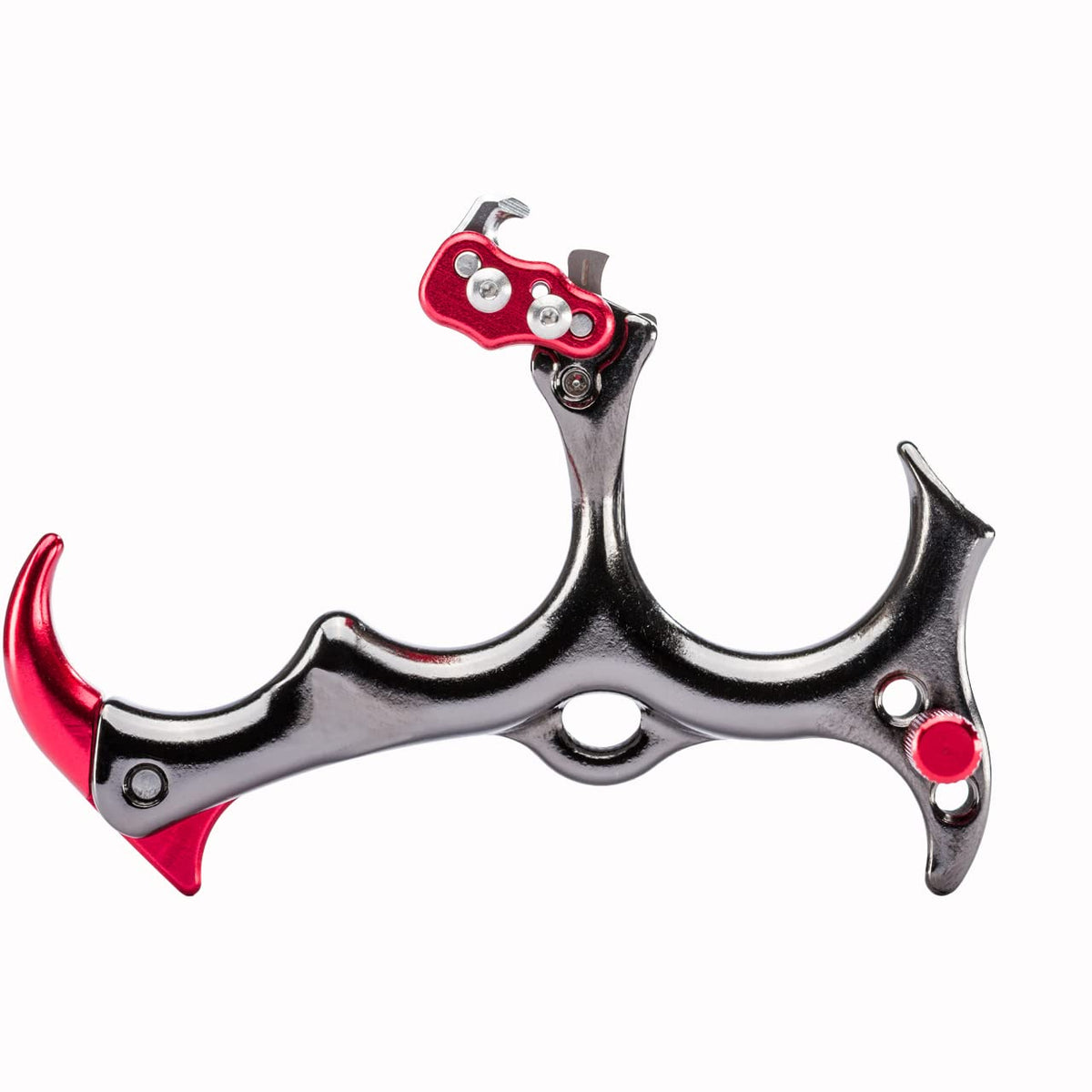 Tru-Fire Sear release in red handheld grip for repeatable archery accuracy.