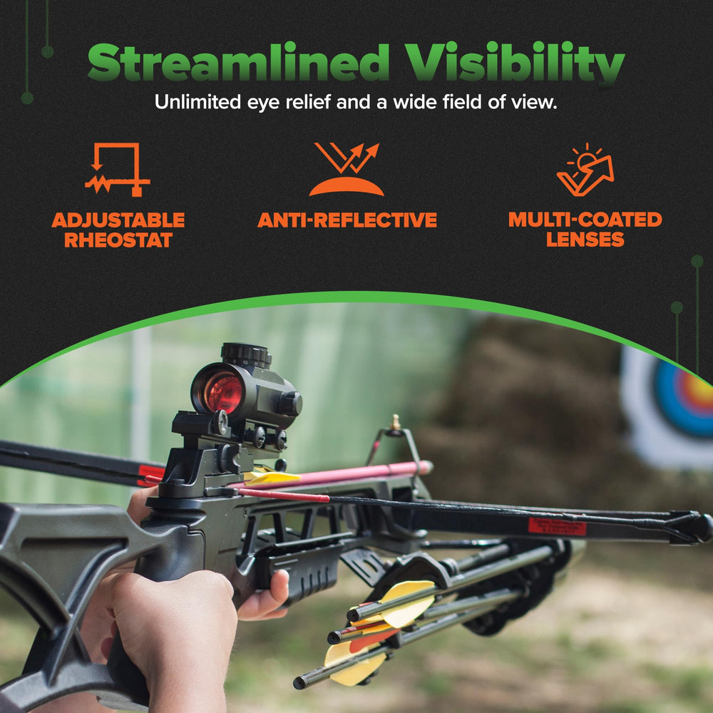 TRUGLO Gobble Stopper crossbow sight features detachable sunshade to reduce glare.