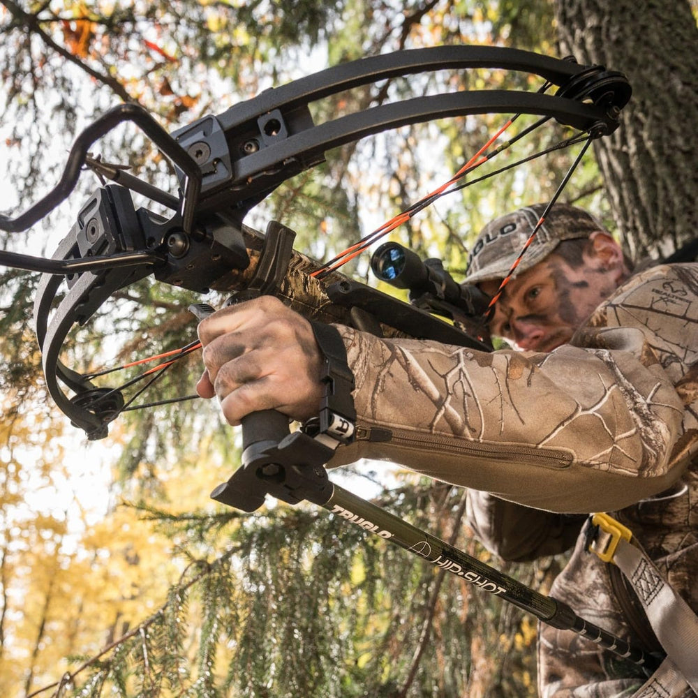 TRUGLO Hip Shot crossbow rest includes removable bracket for camera or spotlight use.