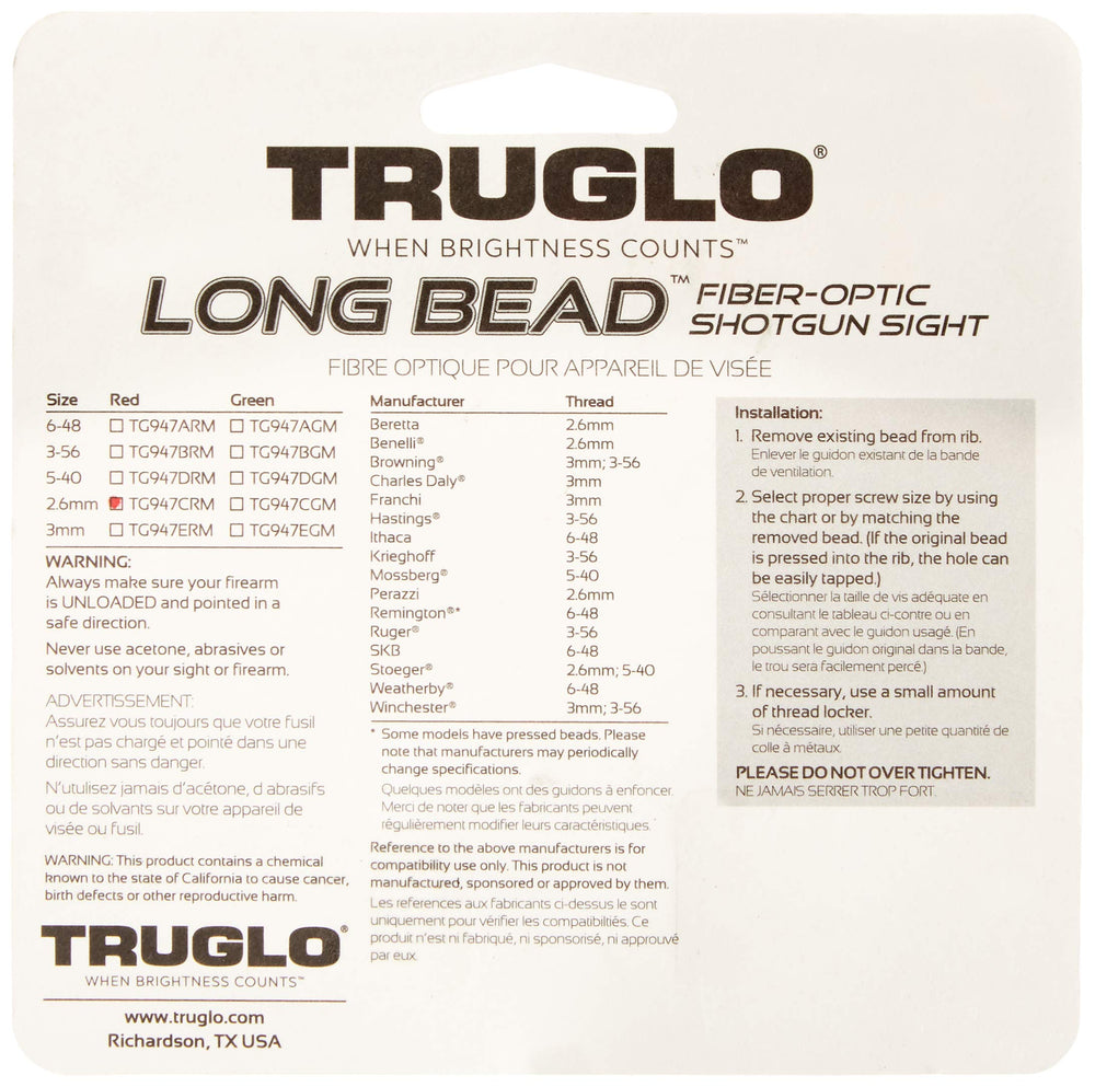Metal CNC-machined TRUGLO Long Bead shotgun sight with fiber optic rod and mounting options