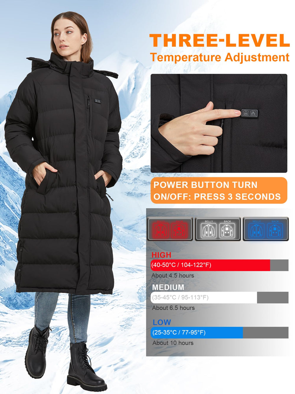 TRUNYAQI heated jacket with detachable hood offers versatile protection on windy mornings.