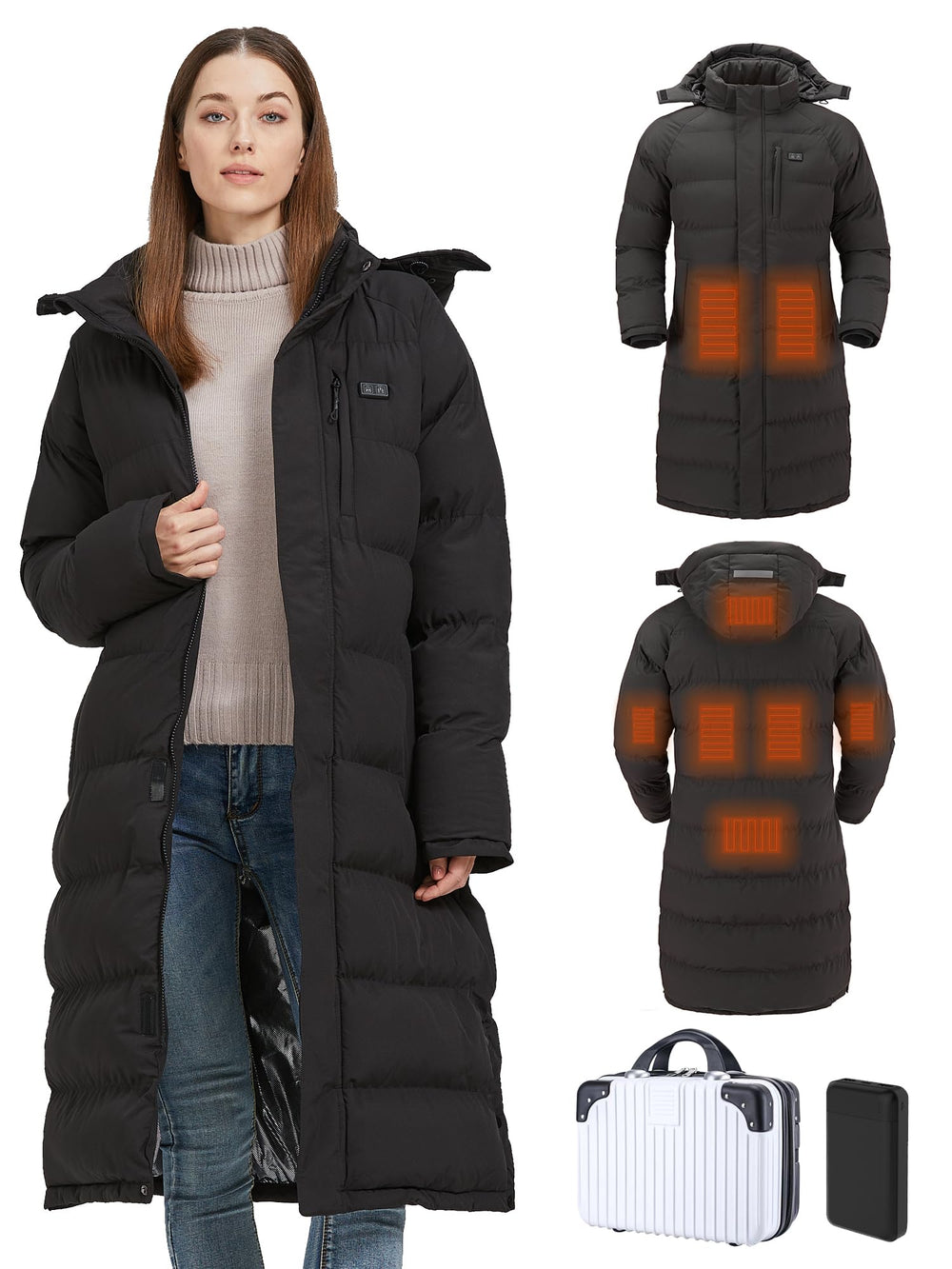 TRUNYAQI women's long heated jacket with hood delivers all-day warmth for cold commutes.