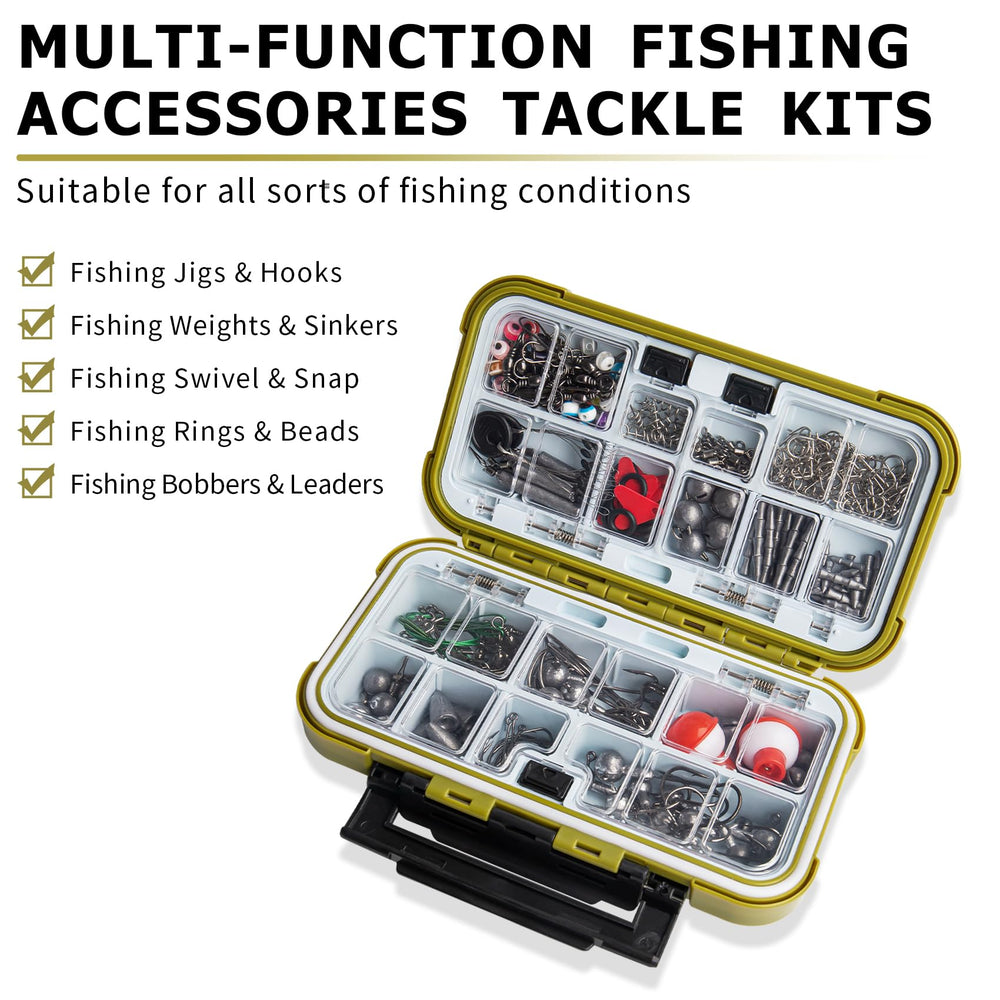 Assorted fishing hooks, weights, and lures organized in the tackle box