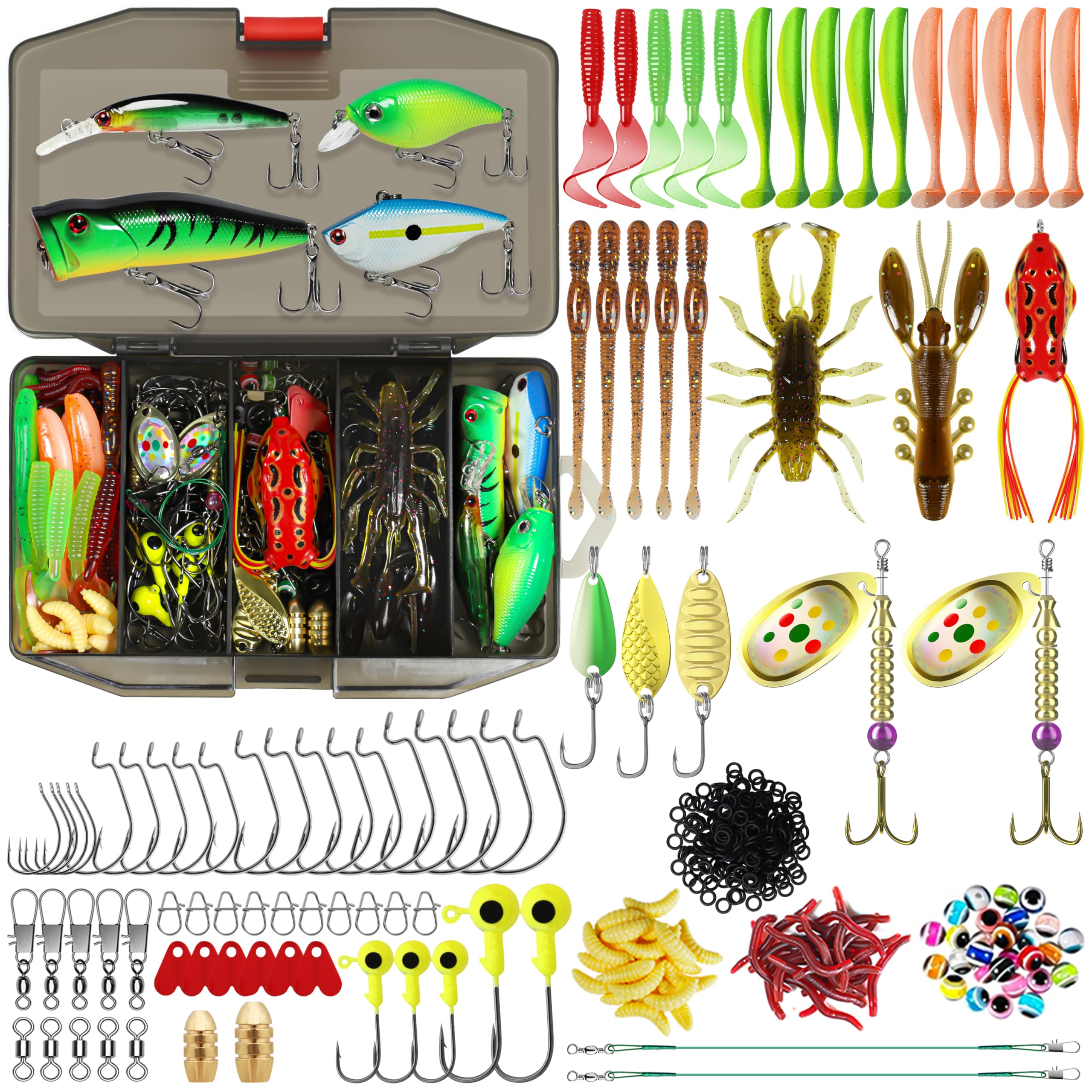 TRUSCEND 128-piece fishing lure kit displayed in a clear tackle box