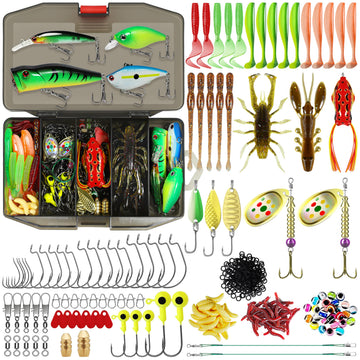 TRUSCEND 128-piece fishing lure kit displayed in a clear tackle box