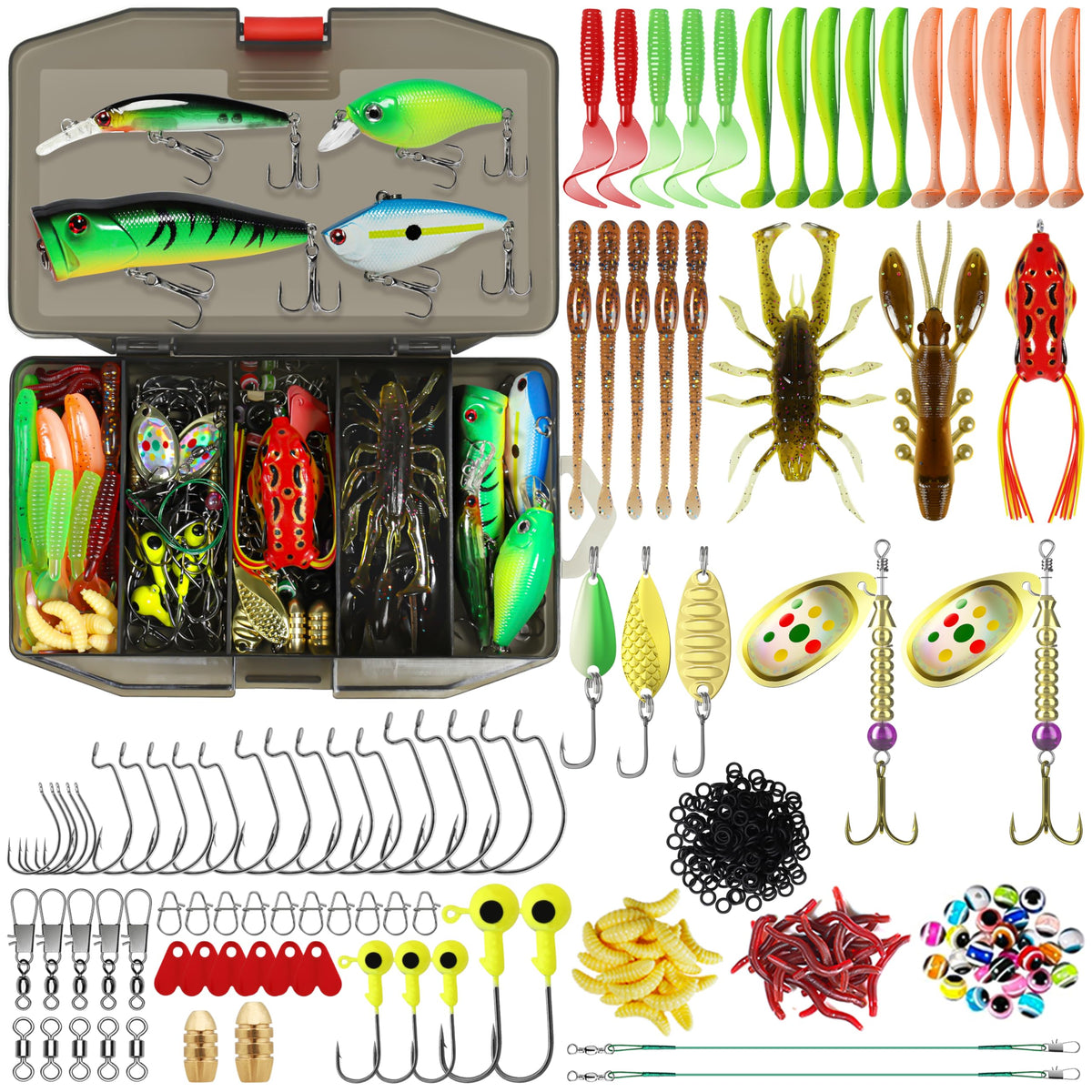 TRUSCEND 128-piece fishing lure kit displayed in a clear tackle box