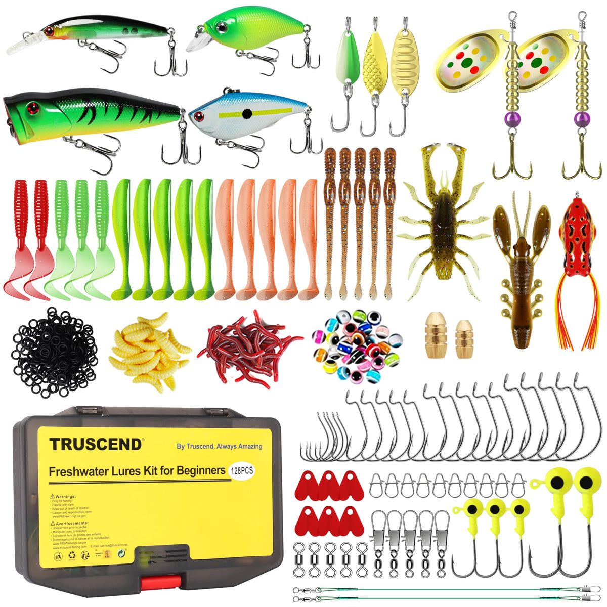 Comprehensive 128-piece TRUSCEND fishing gear kit in a portable tackle box