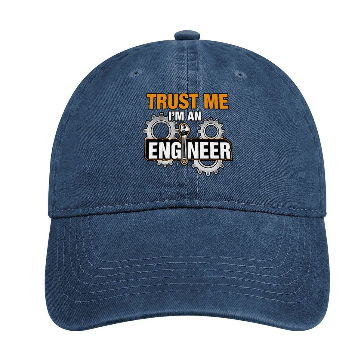 Trust Me I'm A Mechanical Engineer hat front view with curved denim brim for timeless style