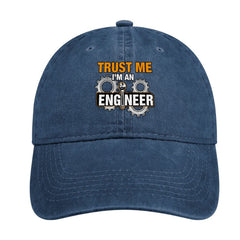 Trust Me I'm A Mechanical Engineer hat front view with curved denim brim for timeless style