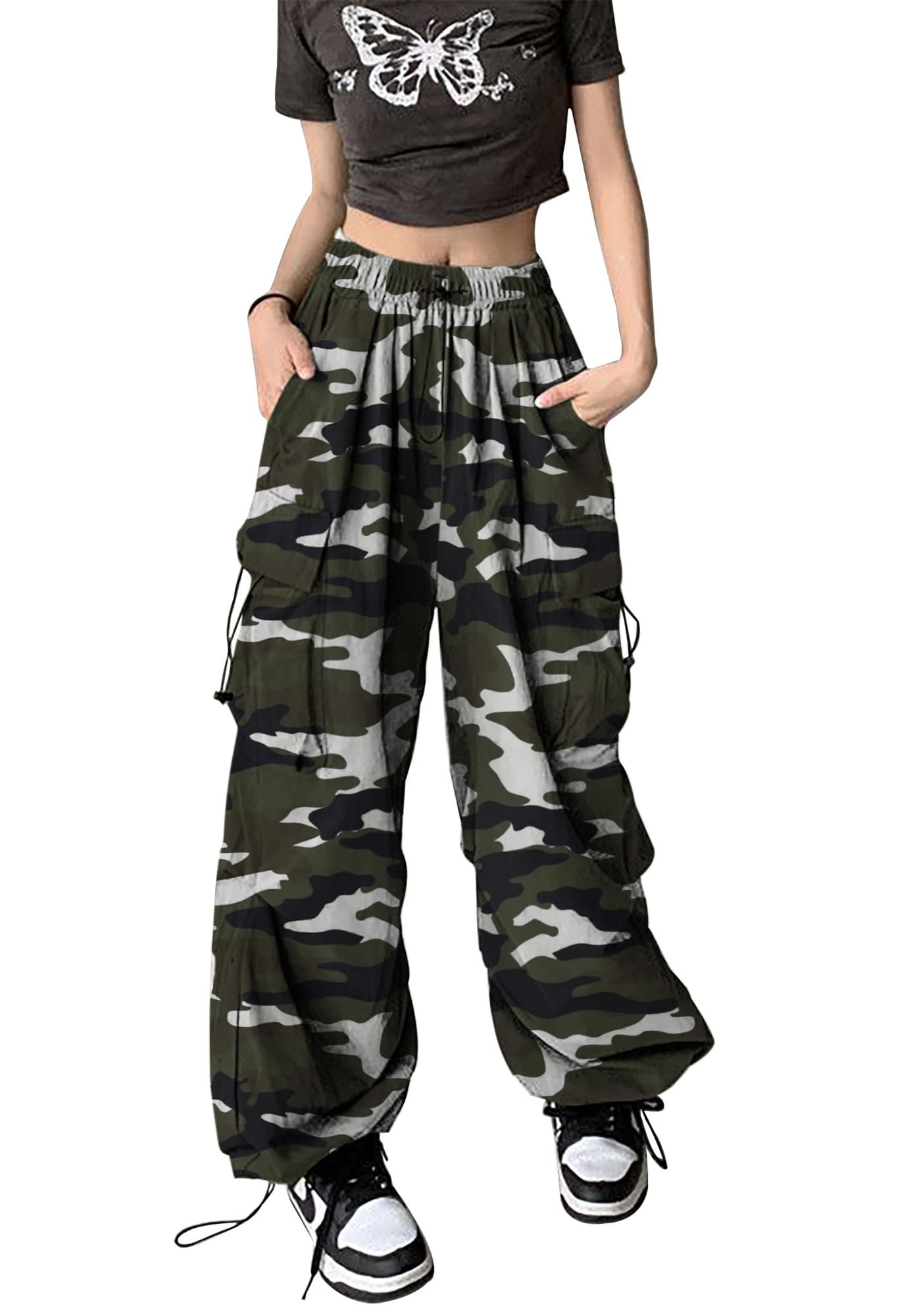 TSMNZMU women's baggy cargo pants back view highlights high waist and roomy legs.