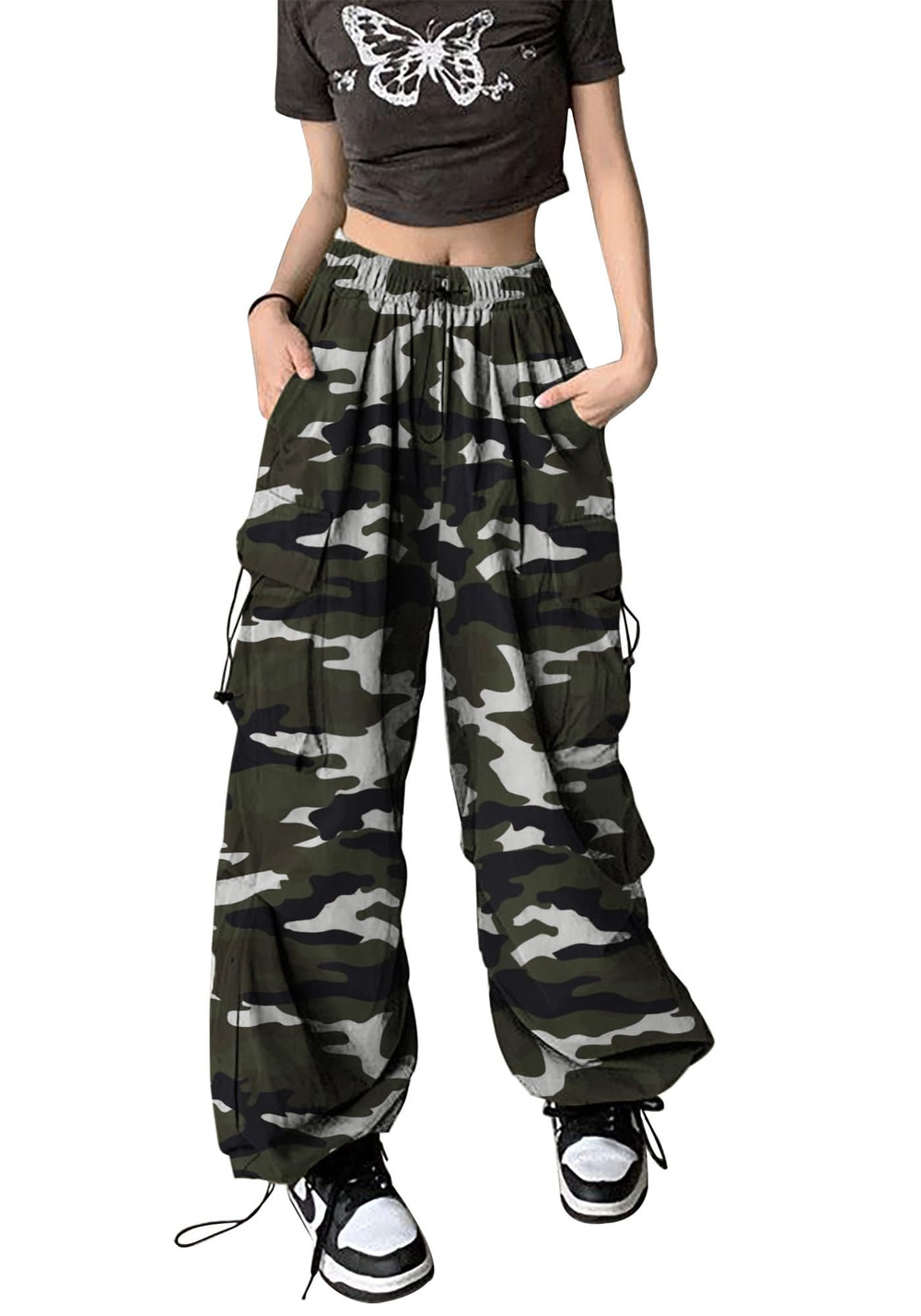TSMNZMU women's baggy cargo pants back view highlights high waist and roomy legs.