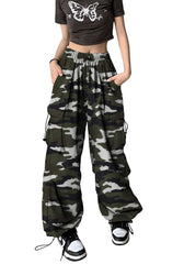TSMNZMU women's baggy cargo pants back view highlights high waist and roomy legs.
