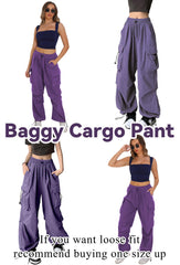 TSMNZMU women's baggy cargo pants purple back view highlighting relaxed fit