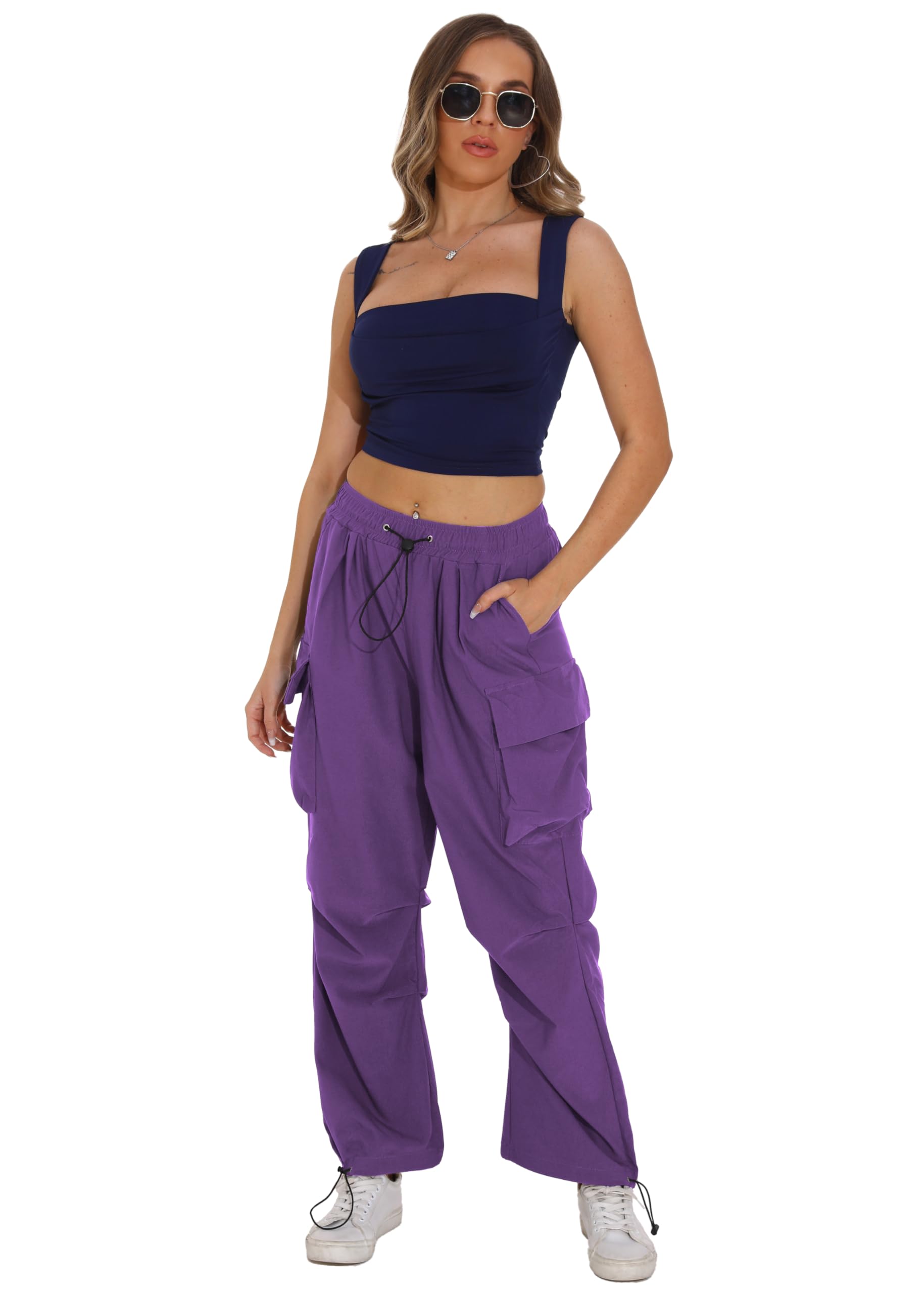 TSMNZMU women's baggy cargo pants purple side view showing silhouette and pockets