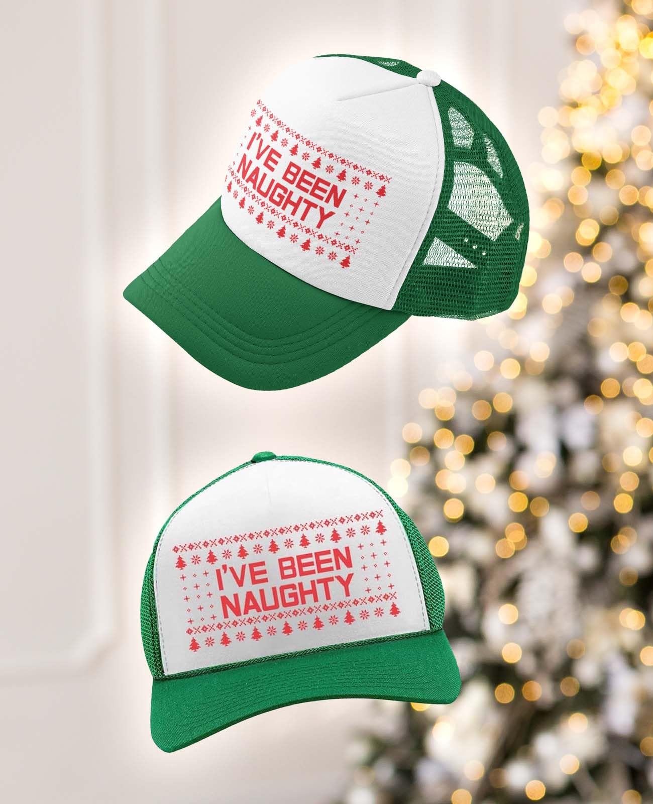 Tstars I've Been Naughty trucker hat shows adjustable snap closure for versatile fit.