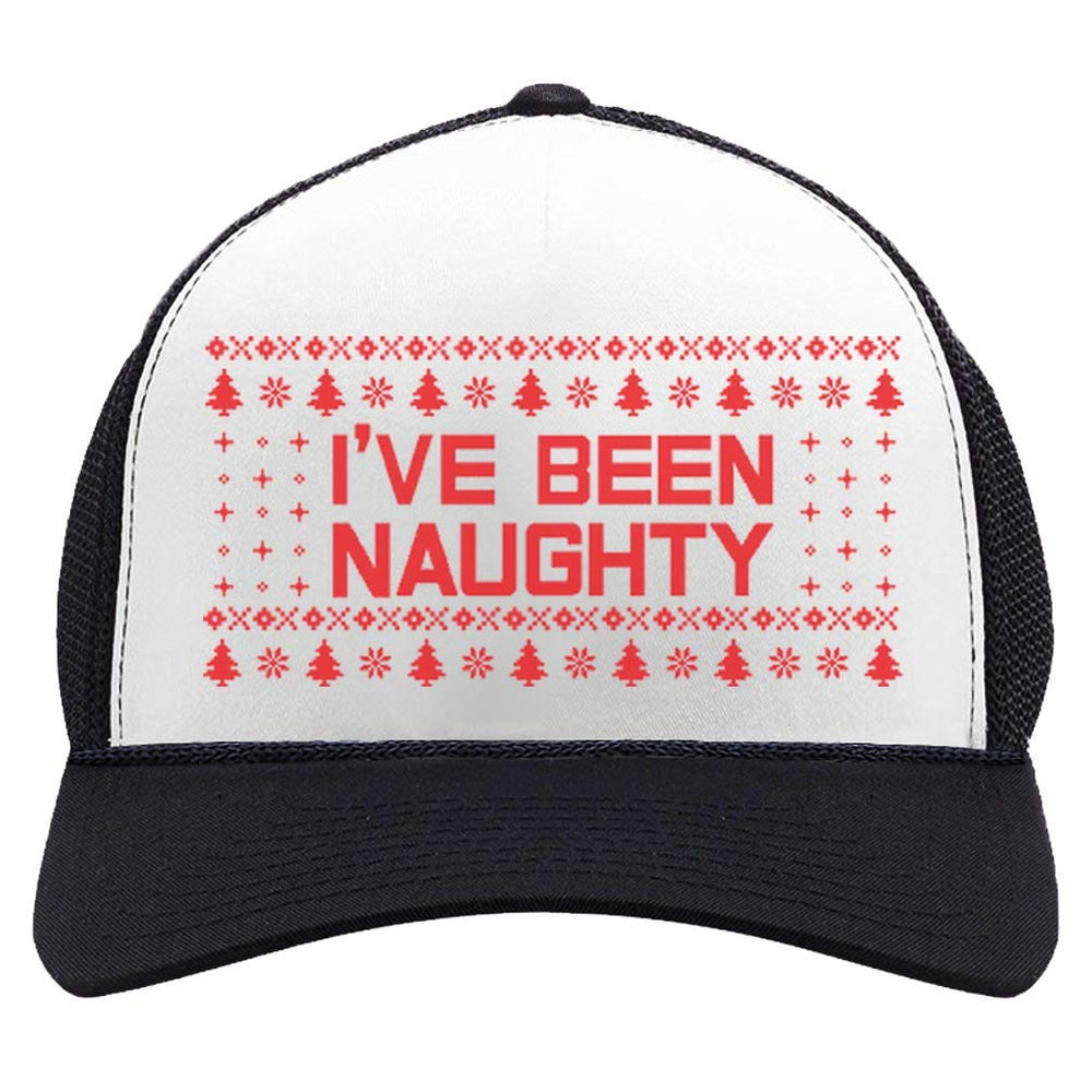 Tstars Naughty Ugly Christmas Trucker Hat front view Black/White
