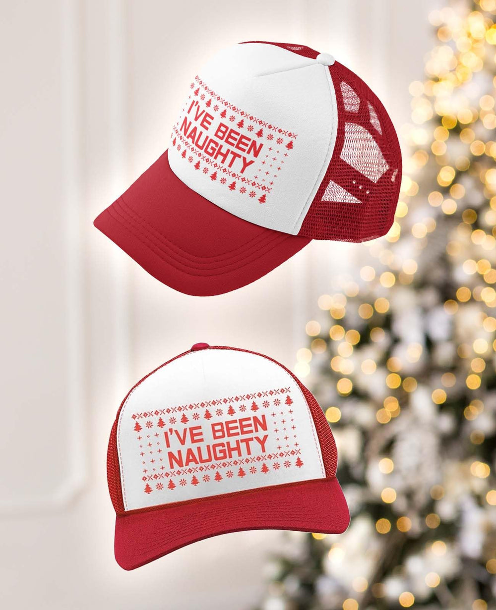 Tstars Red White Trucker cap front view, retro Xmas style.