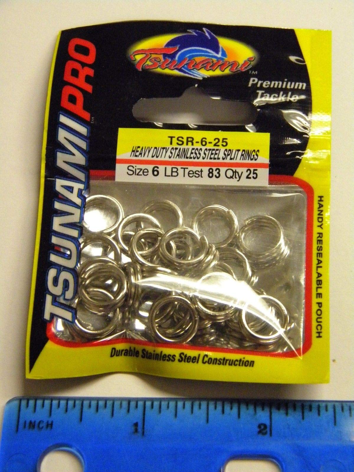 Tsunami heavy duty stainless steel split rings, size 6, 83 lb test, for saltwater plugs.