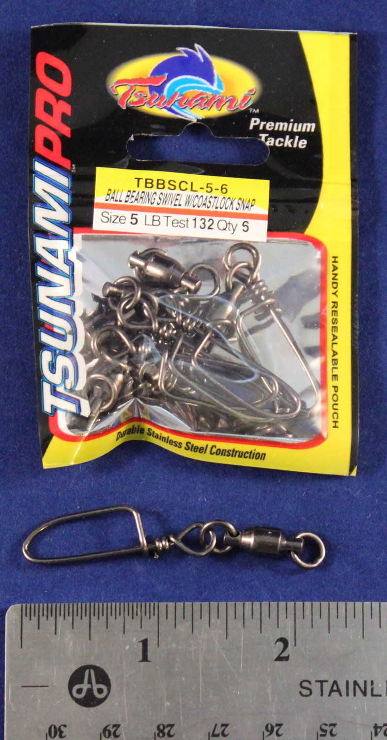 Tsunami Pro Ball Bearing Swivel with Coastlock Snap for Size 5, reduces line twist