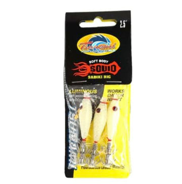 Tsunami Soft Body 2.5-Inch Glow squid rigs attract squid at night with luminous movement.