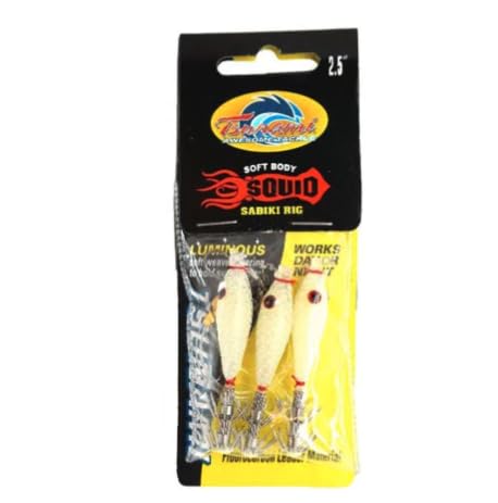 Tsunami Soft Body 2.5-Inch Glow squid rigs attract squid at night with luminous movement.
