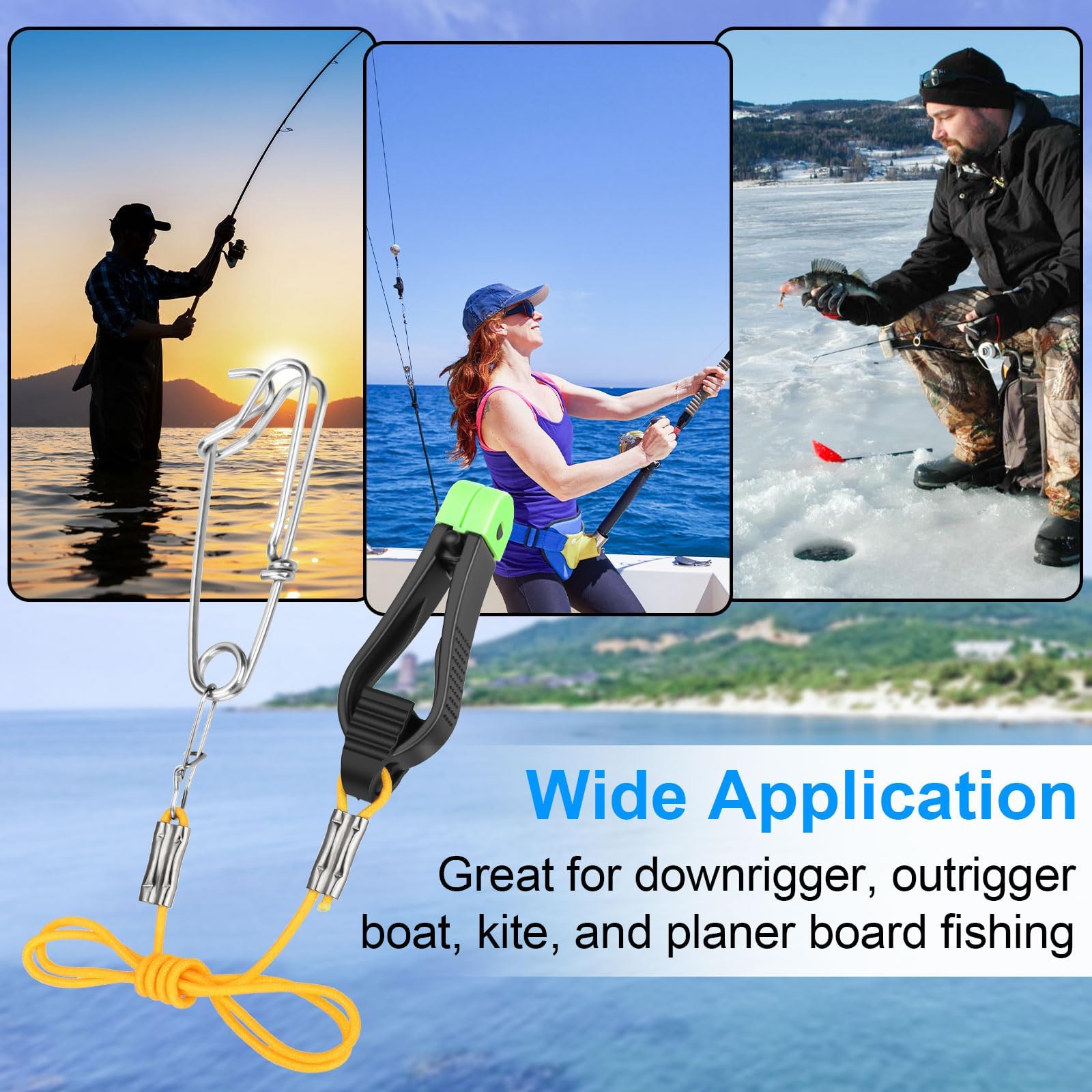 Versatile release clips suitable for downrigger, outrigger, kite, and planer board fishing
