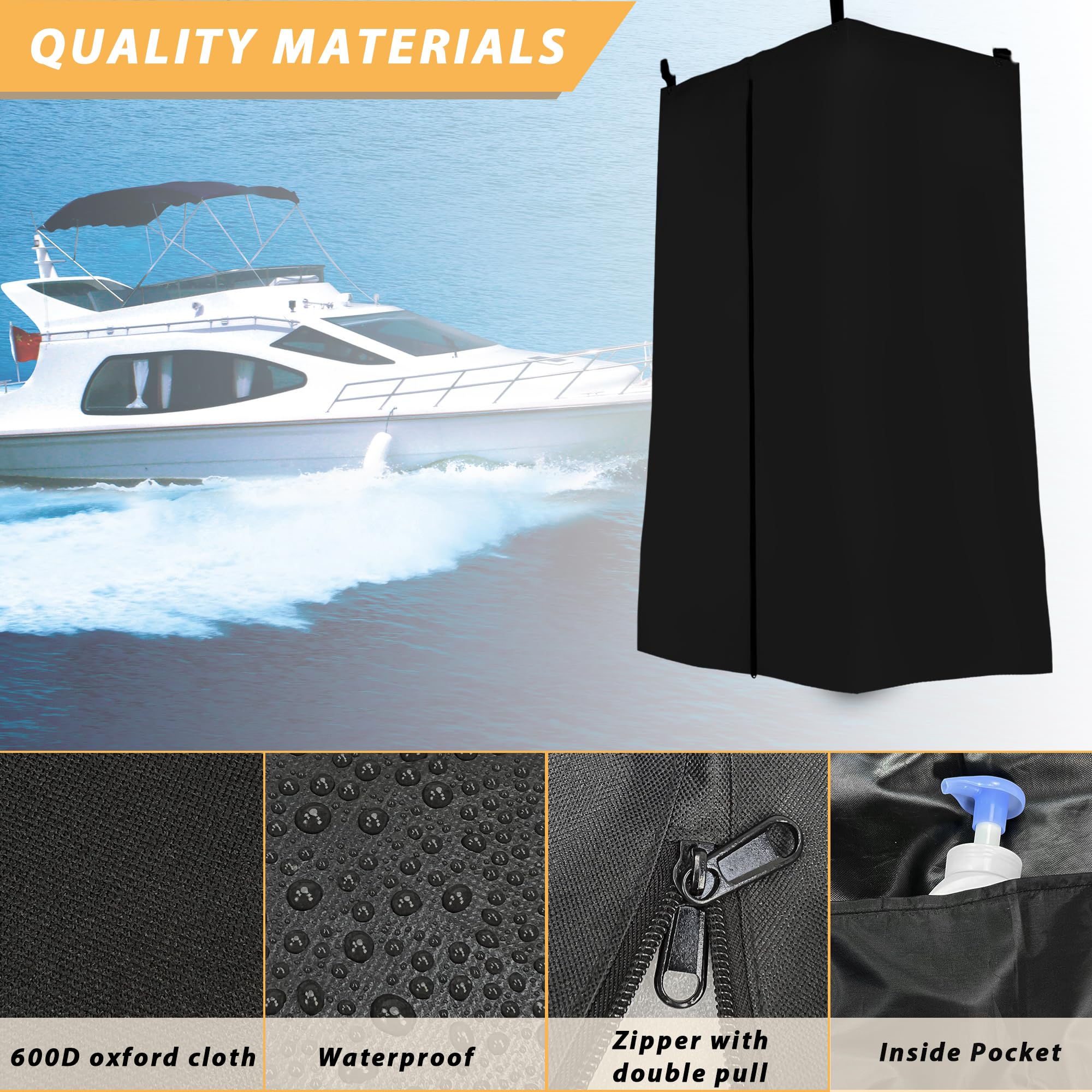 TT MOTOR Drop-down privacy tent for easy boat installation and removal.