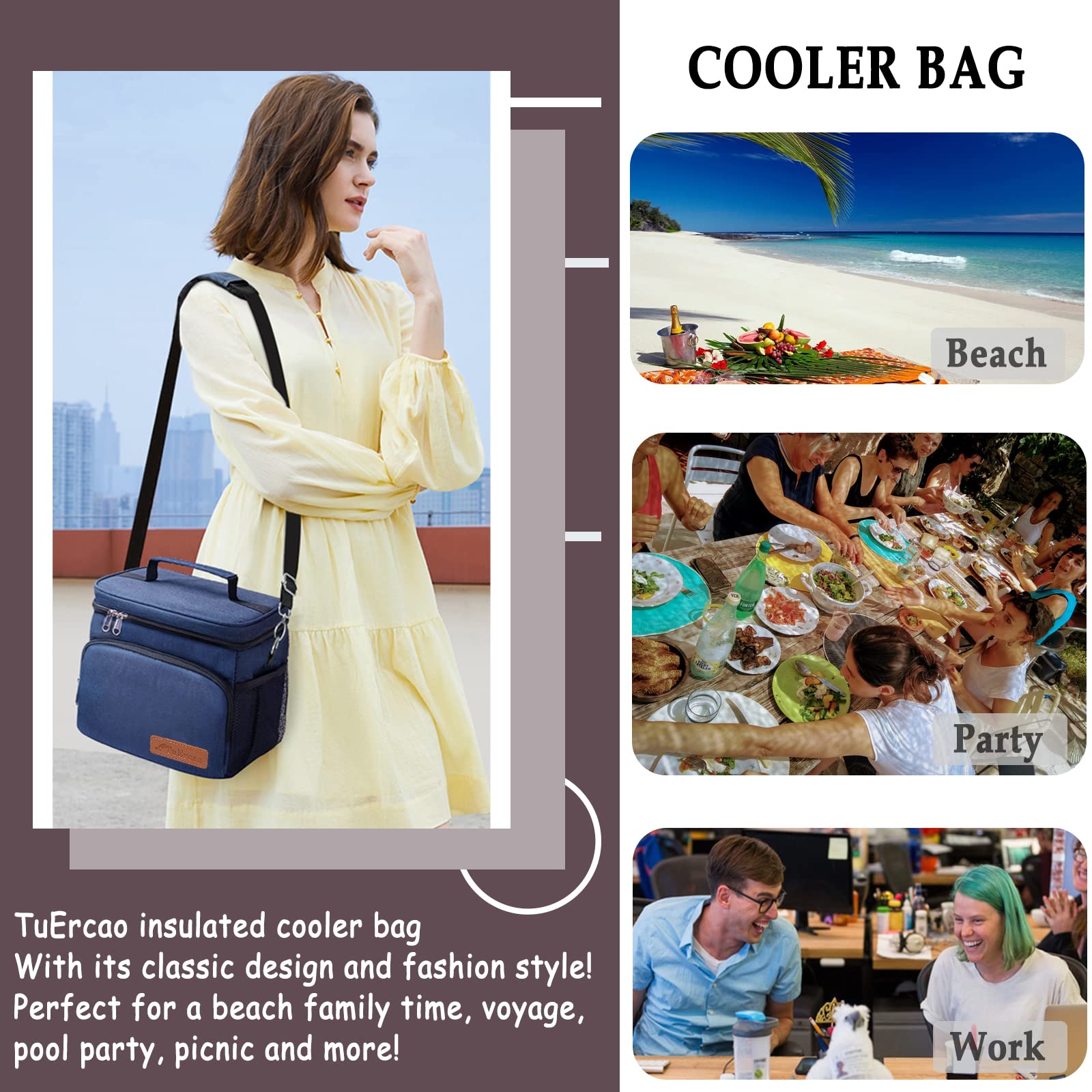 TuErCao soft cooler bag blue back pocket with velcro for small items