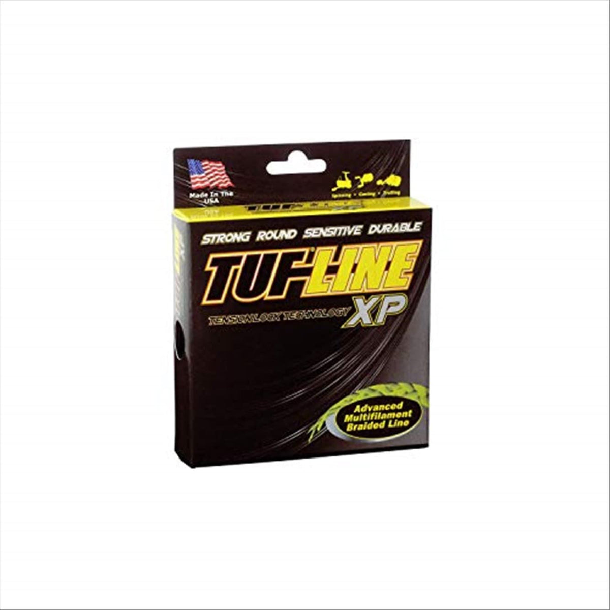 TUF-LINE XP300 braided line on a green spool, near-zero stretch for sensitive bite detection.