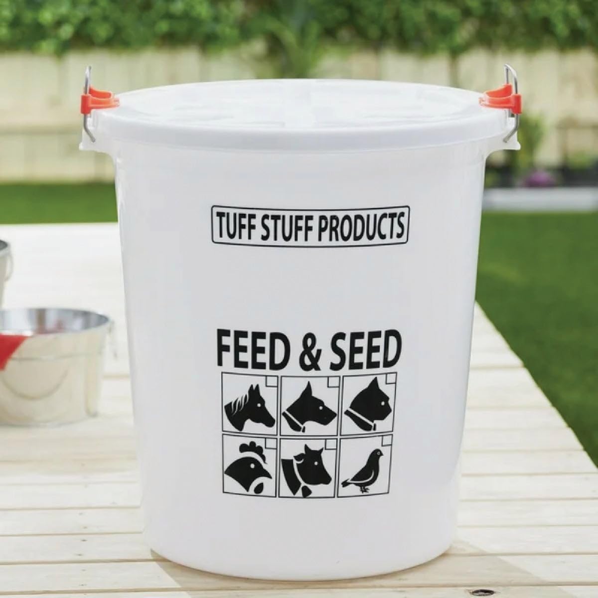 Tuff Stuff FS26 HD lid close-up showing secure design for stored feed.