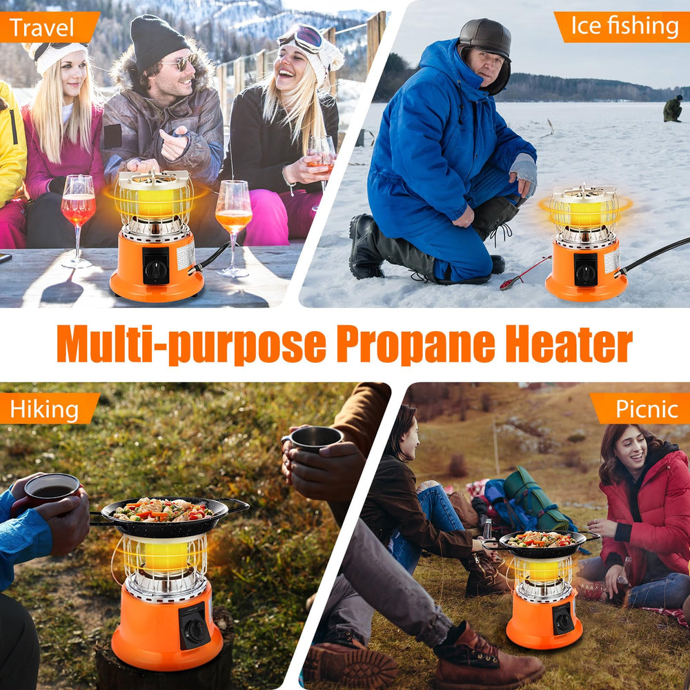 Tujoe 2-in-1 heater-stove compact dimensions for tents and camps.