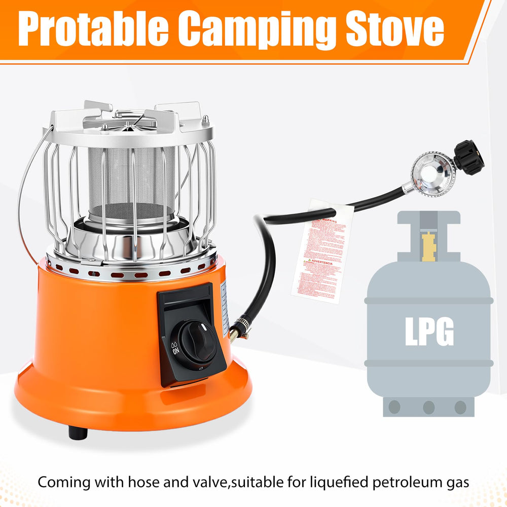 Tujoe 2-in-1 heater-stove orange color boosts visibility outdoors.