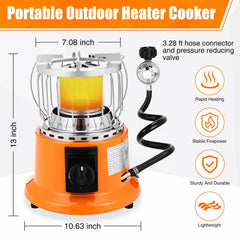 Tujoe 2-in-1 heater-stove side view shows hose connection for quick setup.