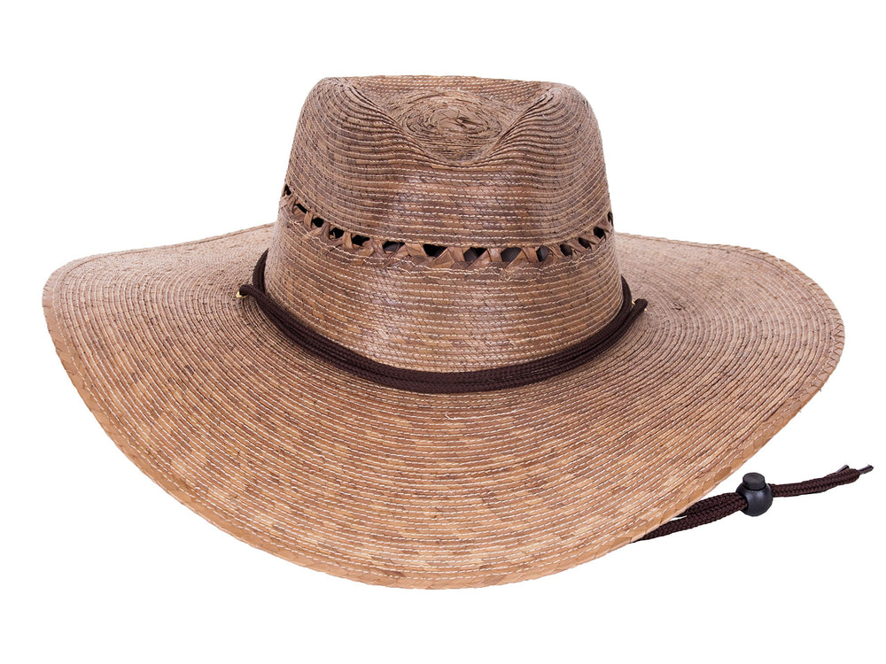 Close-up of palm fiber weave on Tula Gardener Lattice Hat Tan