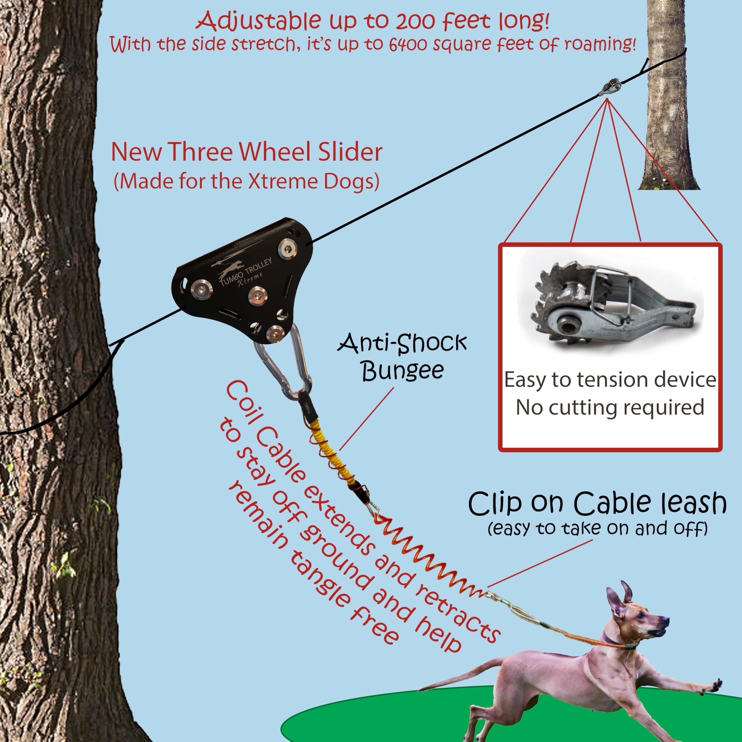 Tumbo Xtreme overhead-cable-setup demonstrates tensioning between trees for a tight, tensioned line.