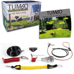 Tumbo Xtreme pulley-assembly shows quick setup for a safe backyard dog zipline.