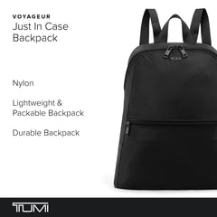 TUMI Just In Case Foldable Backpack in pouch demonstrates easy storage in larger bags.