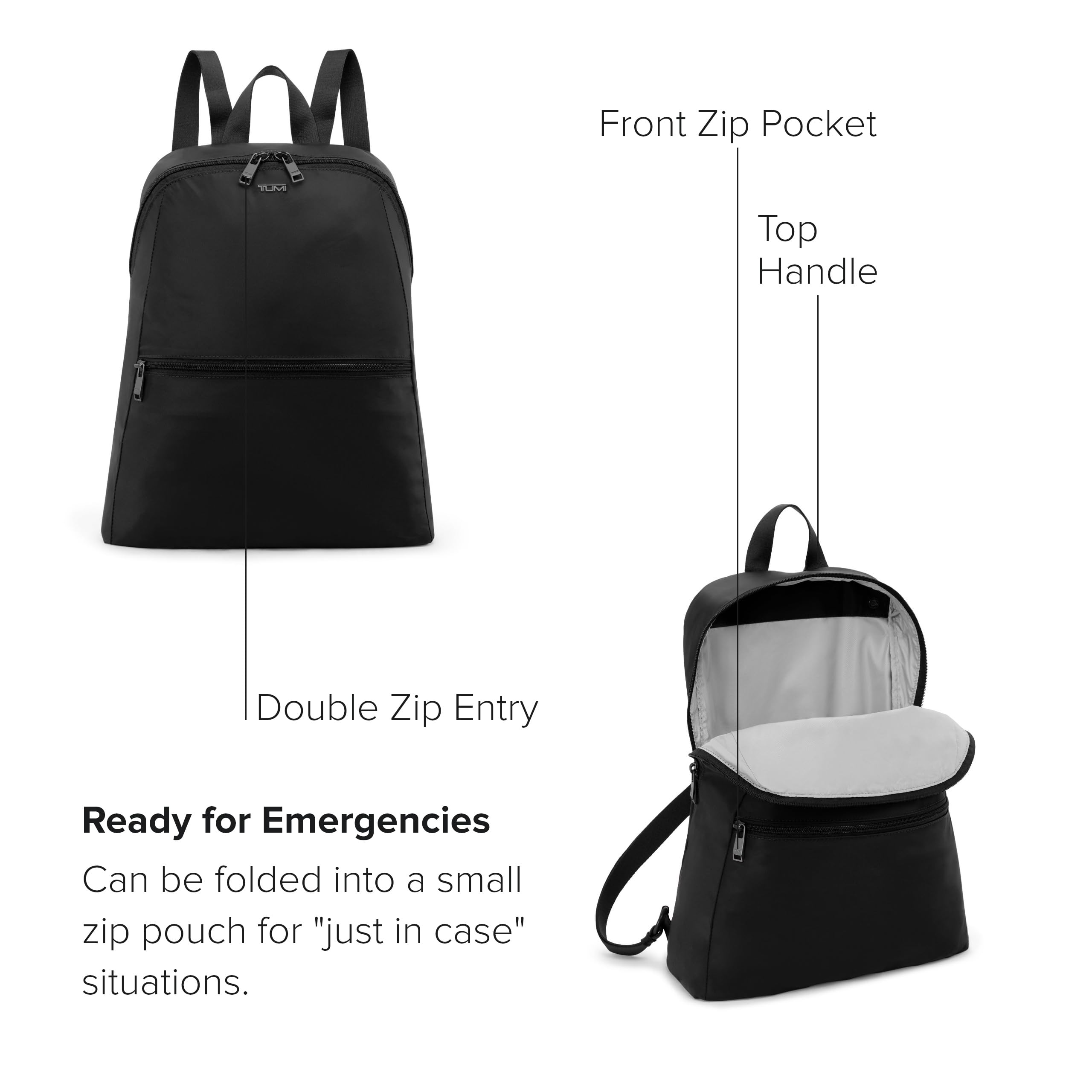 TUMI Just In Case Foldable Backpack adjustable straps offer comfort during travel.