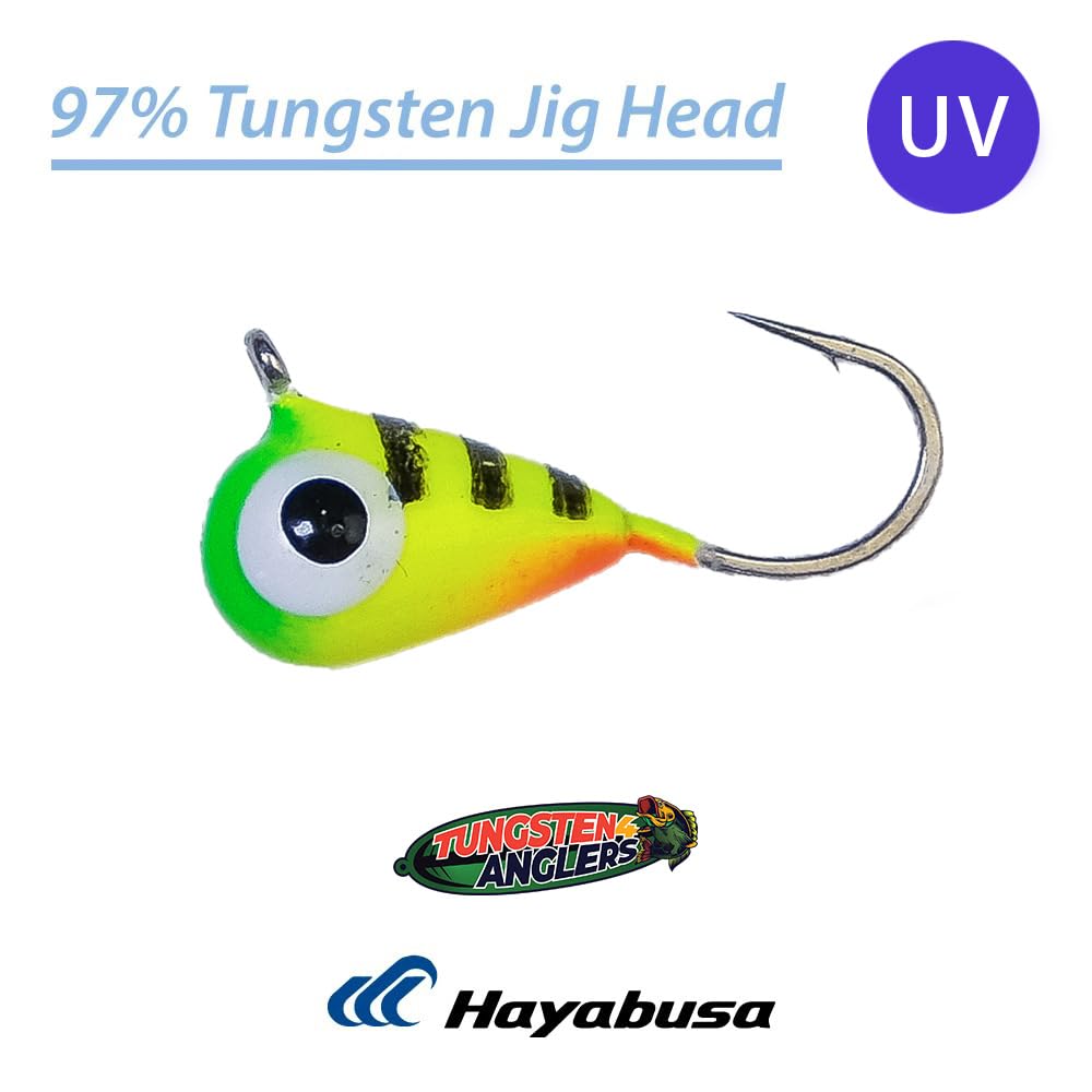 Tear-drop tungsten ice jig profile in Fire Tiger color
