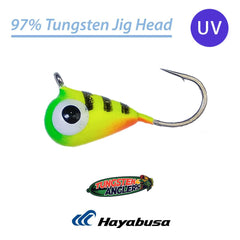Tear-drop tungsten ice jig profile in Fire Tiger color