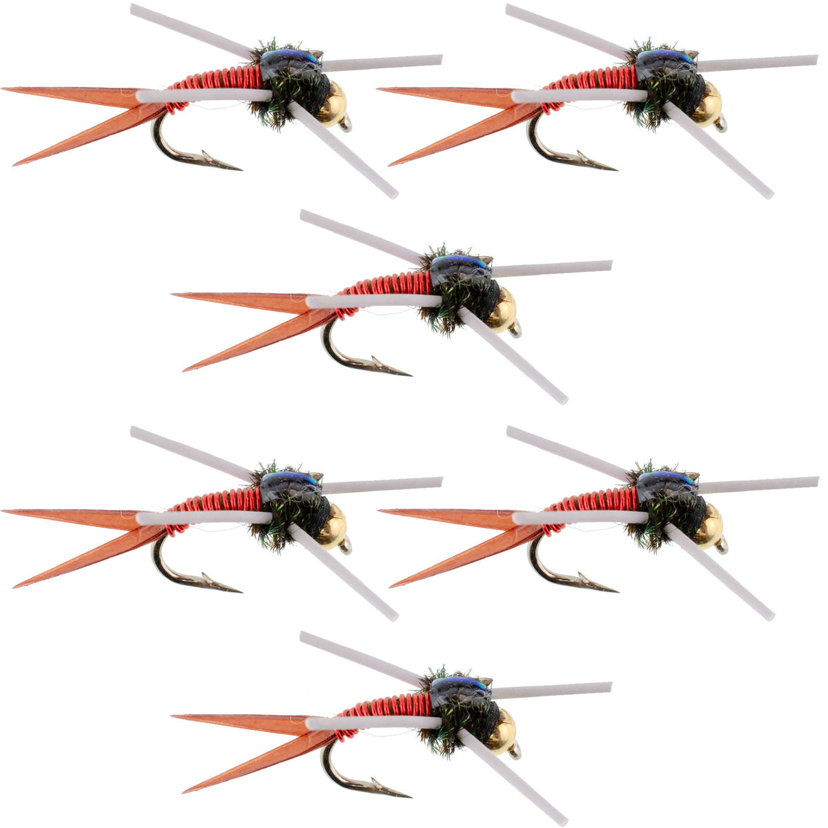 Tungsten bead head copper John nymph wet fly with rubber legs on size 14 hook - 6 pack