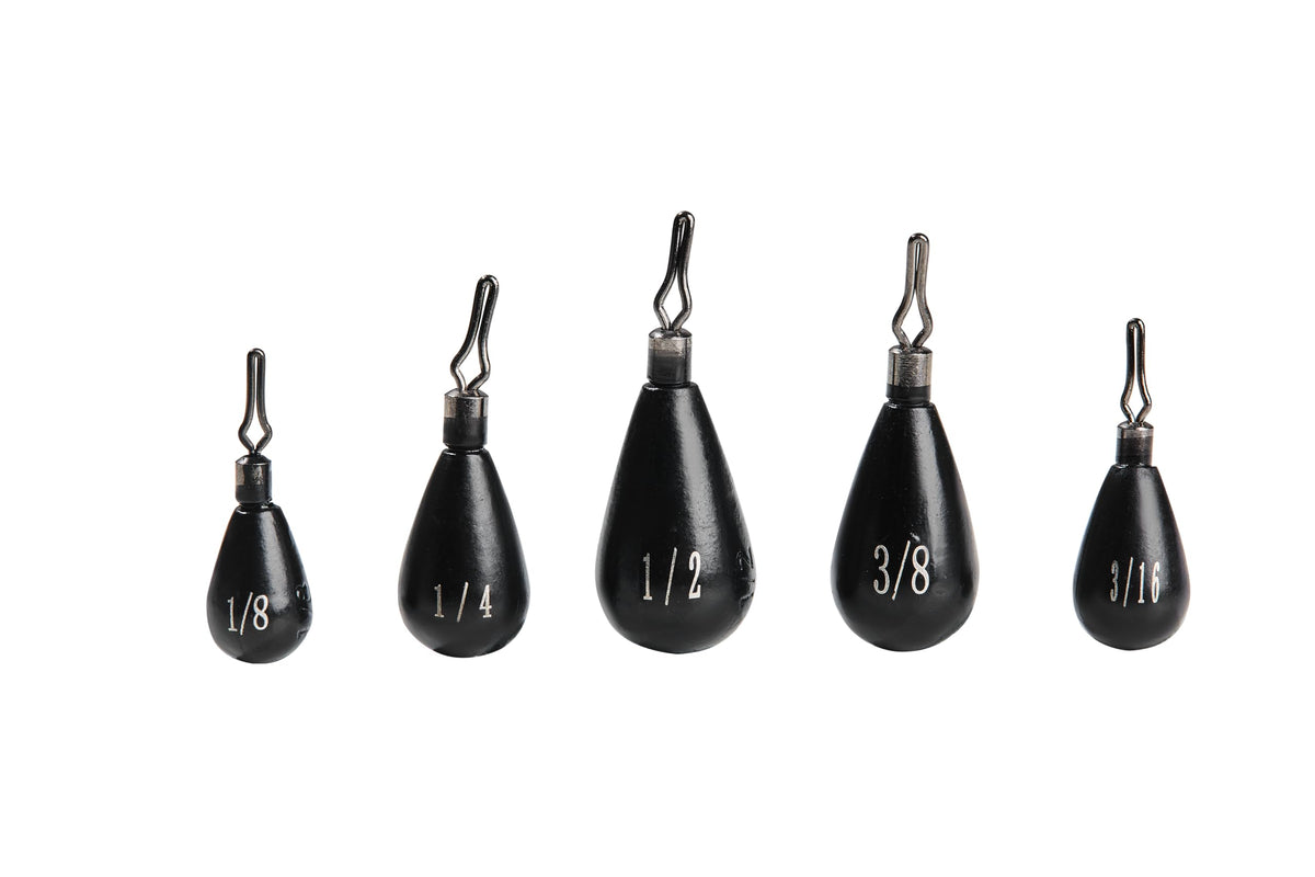 Front view of premium 10-pack tungsten drop shot weights teardrop 1/2 oz