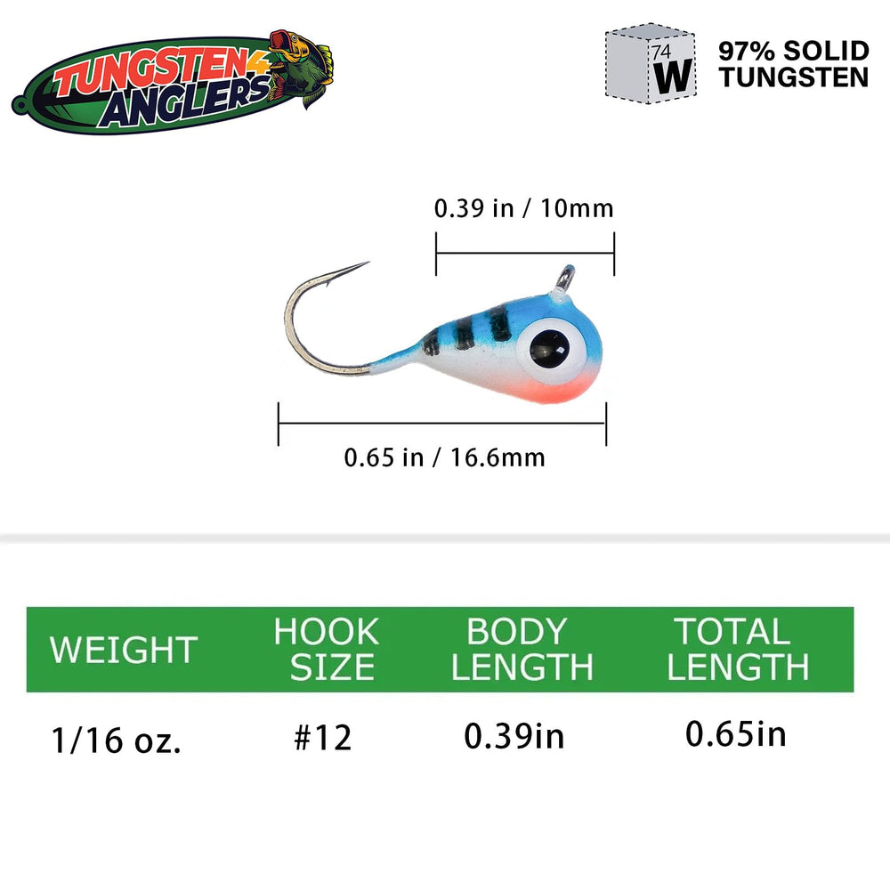 Close-up of tungsten ice jig tear drop with 1/16oz #12 size and Japanese hooks