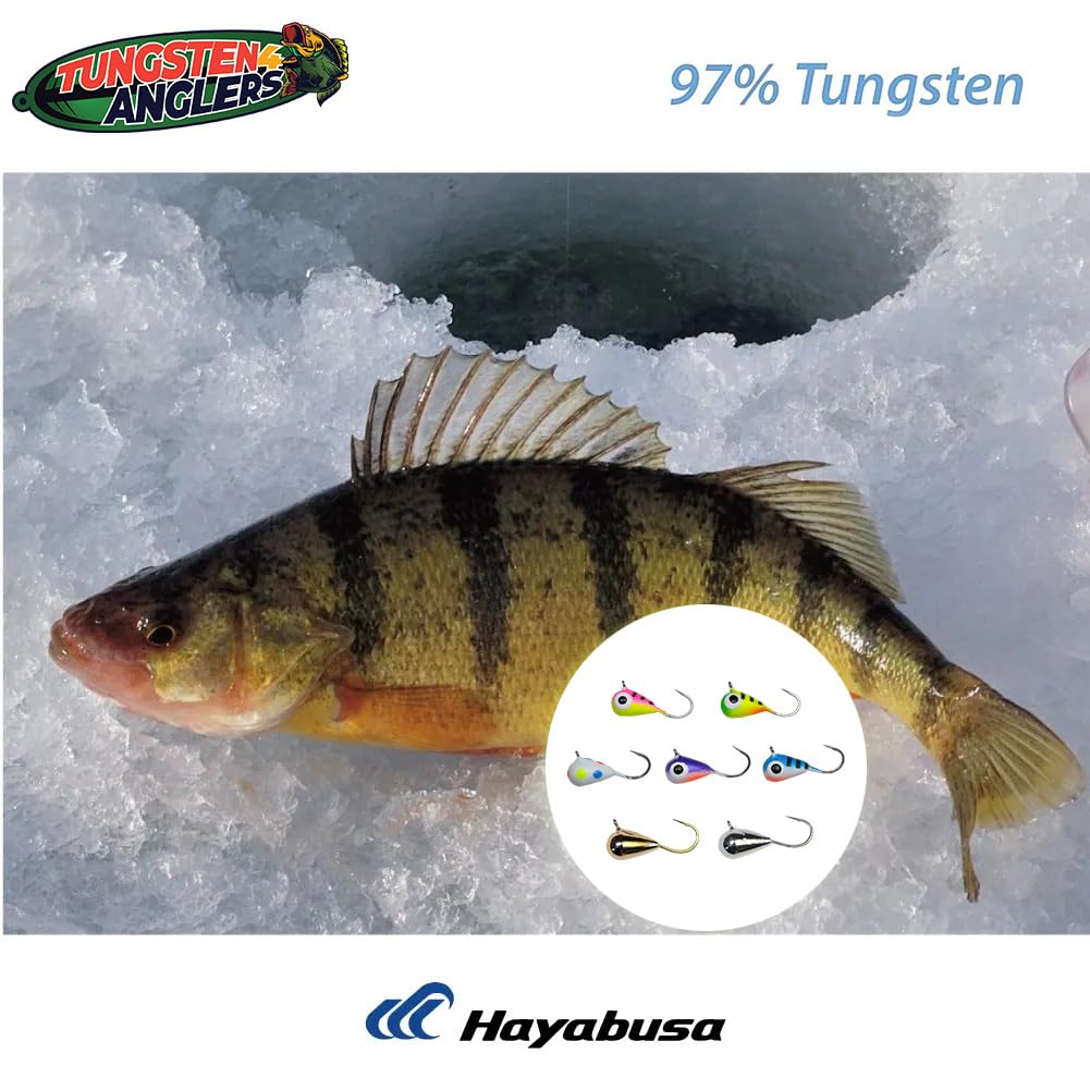 Assorted colors visible on tungsten ice jig set for ice fishing