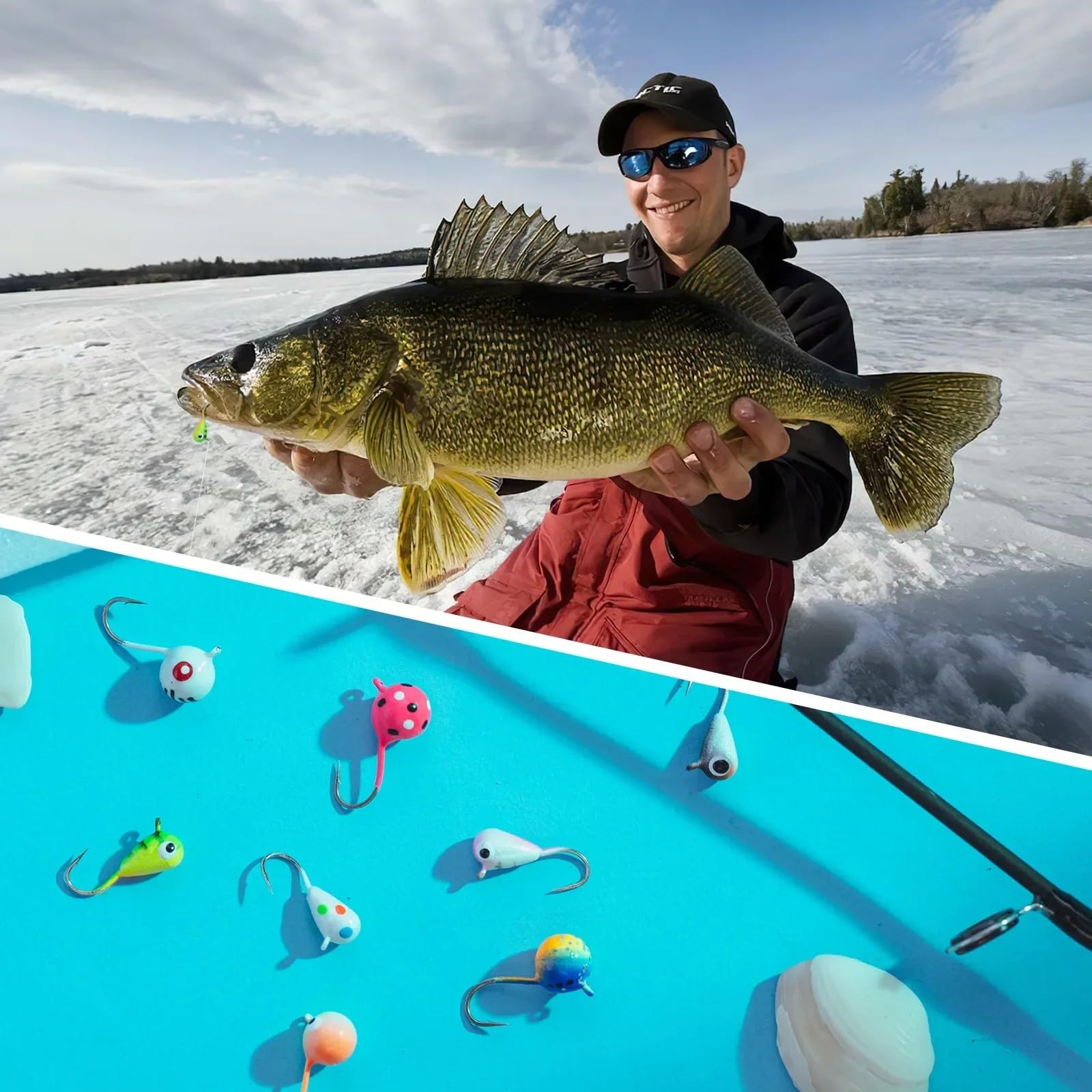 Ice fishing tungsten jigs in assorted colors for visibility on ice