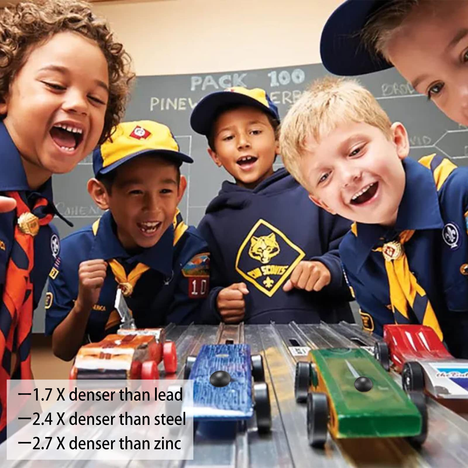 Pinewood derby car with tungsten putty weights attached
